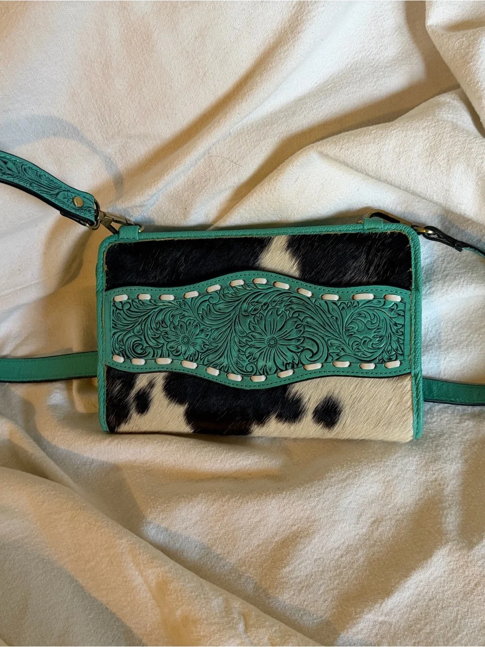 Turquoise Tooled Leather & Cowhide Crossbody Bag